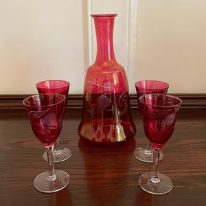 Cranberry Etched Glass Decanter with Four Stem Glasses